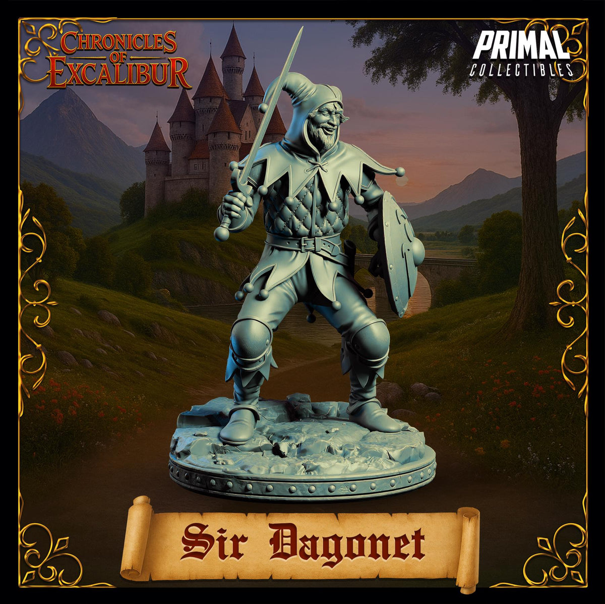 A statue of a jester or knight figure, wearing a helmet and holding a shield, standing in front of a castle-like structure.