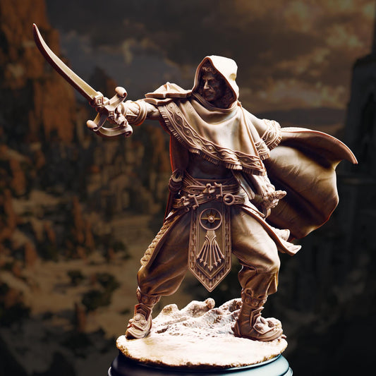 A bronze statue of a warrior figure with a sword and a hooded cloak, standing in a dramatic pose against a mountainous landscape.