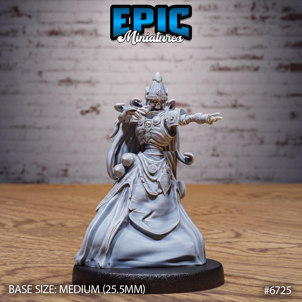 A figurine of a character with a flowing robe and a pointed hat, standing on a black base. The figurine appears to be a miniature model of a fantasy character.