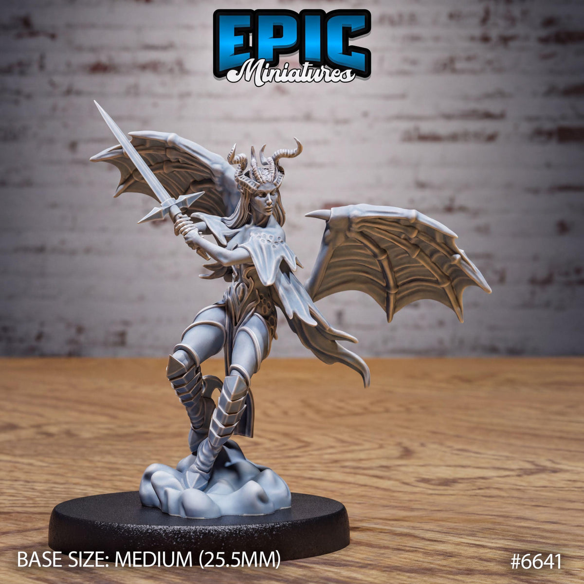 A figurine of a winged, winged creature with horns and a flowing cape, standing on a black base.