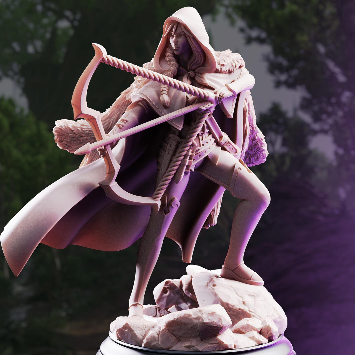 A detailed 3D model of a female character with a hooded cloak, holding a bow and arrow, standing on a rocky base.