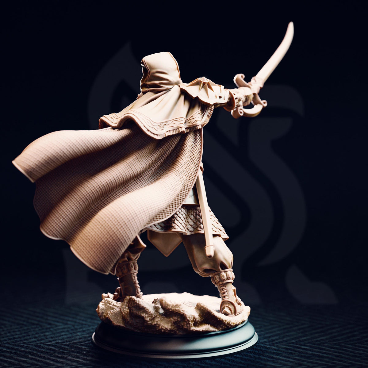 A detailed figurine of a person in a cape and holding a sword, standing on a base against a dark background.