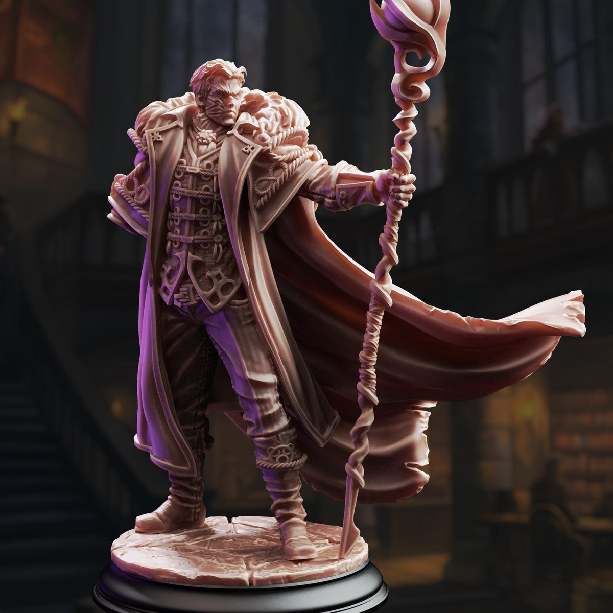 A detailed 3D model of a character with a long cape and a staff, standing in a dark, ornate setting.
