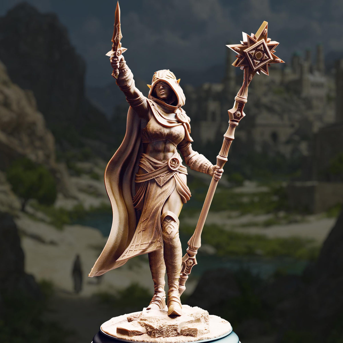 A statue of a woman holding a staff and sword, standing in a mountainous landscape.
