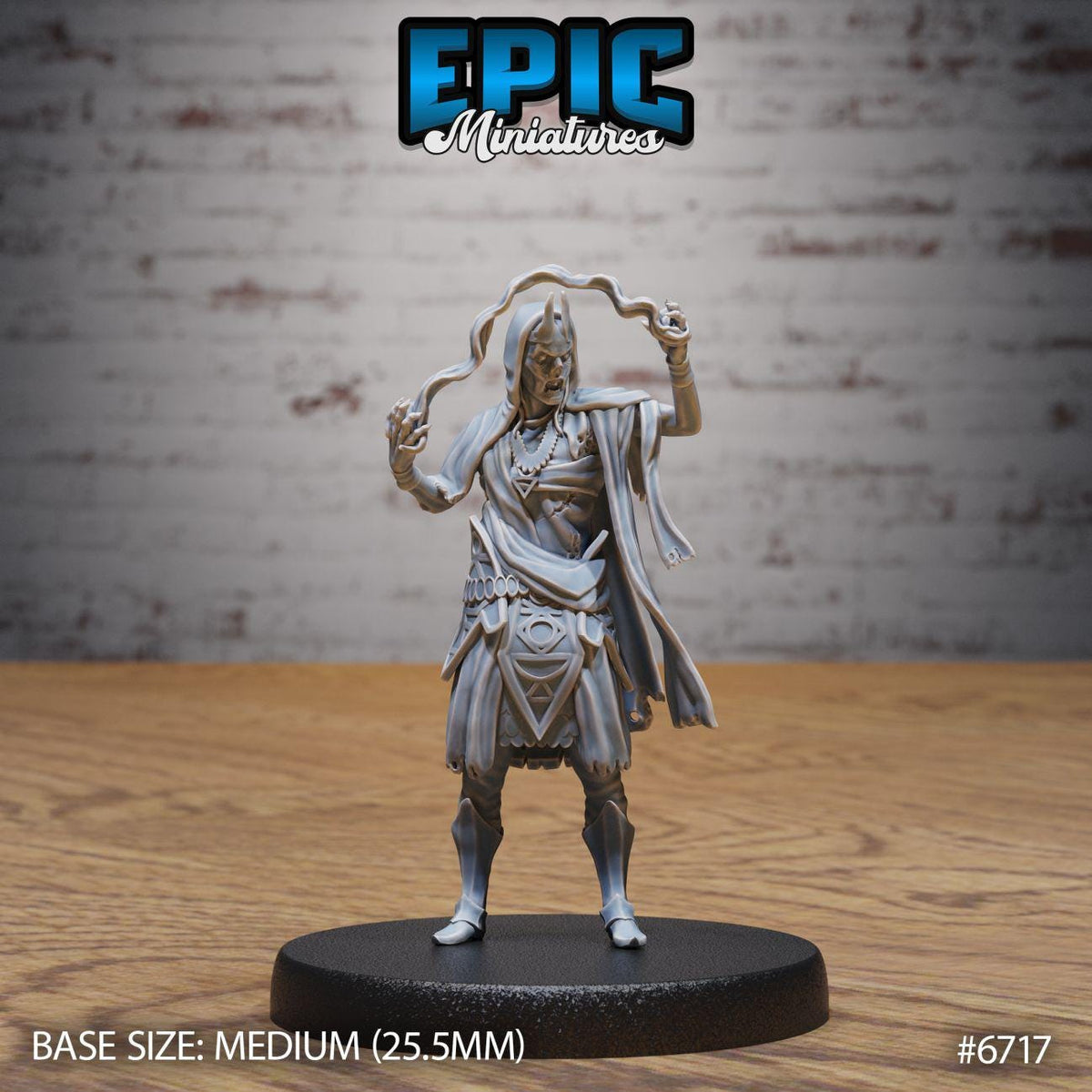 A figurine of a person standing on a black base, with a brick wall in the background. The figurine appears to be a character from a fantasy or science fiction setting.