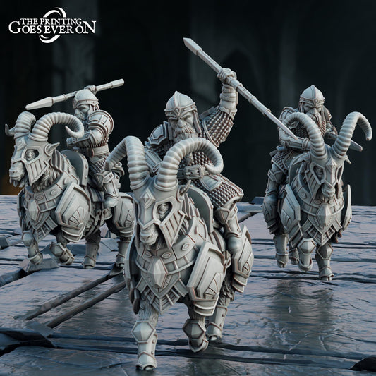 A group of heavily armored fantasy characters, possibly dwarf-like, riding on the backs of large, horned animals, such as goats or sheep. The characters are wearing helmets and carrying weapons, suggesting they are engaged in a battle or some form of combat.