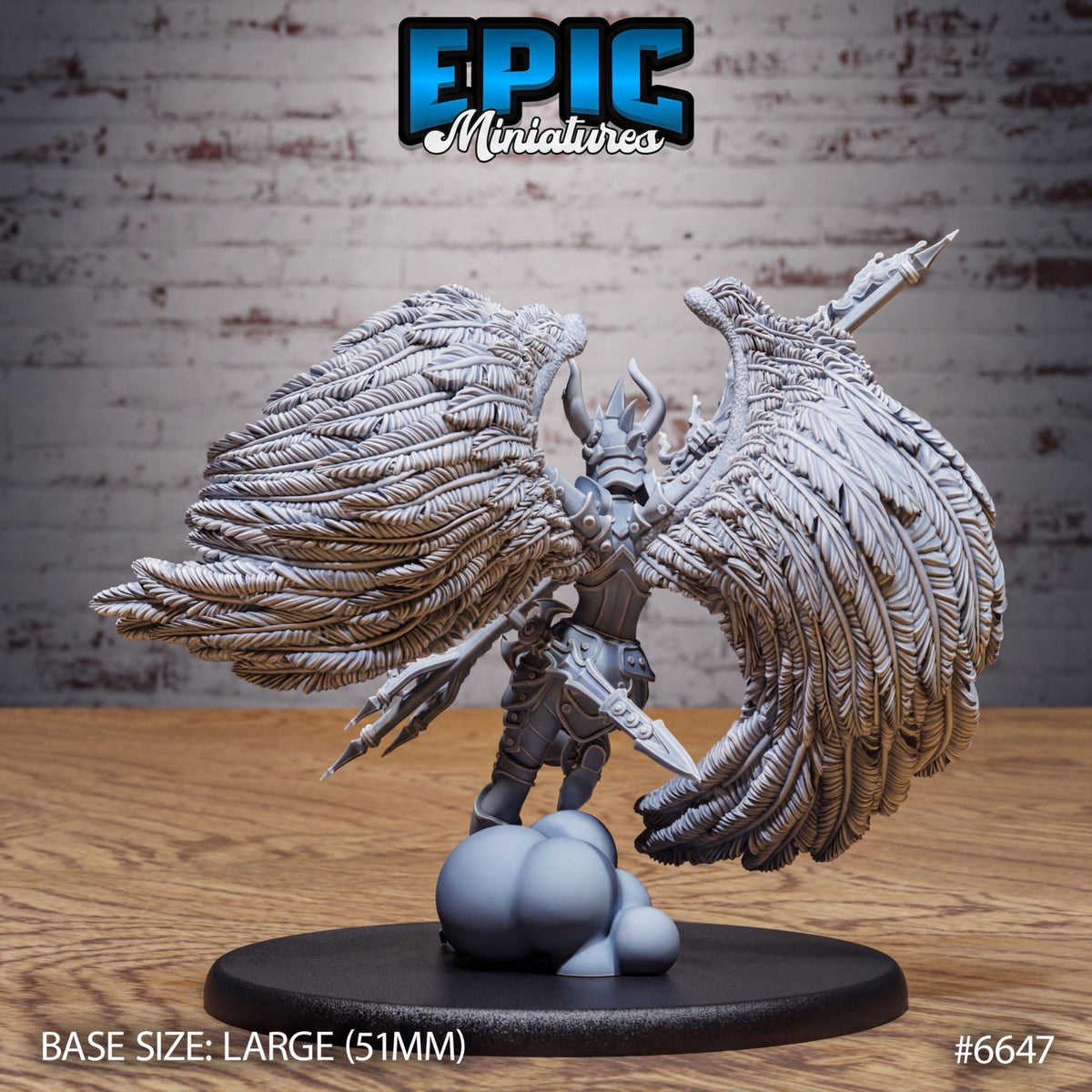 A large figurine of a winged warrior with a sword and shield, standing on a black base.