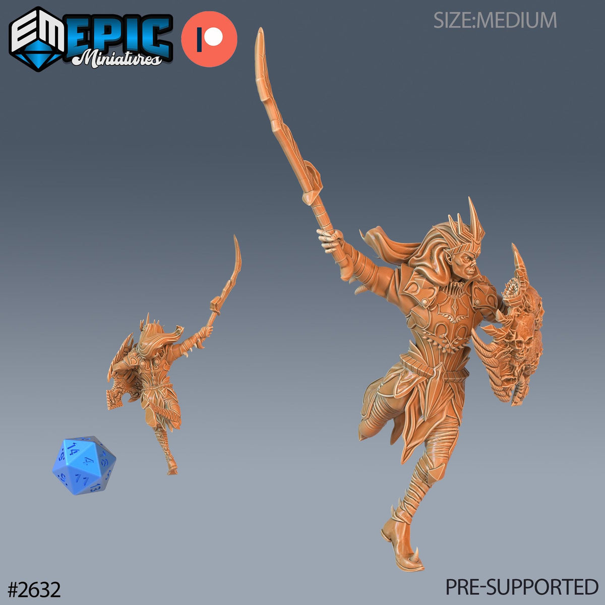 two miniature figures, one of which is a warrior wielding a sword and shield, and the other is a smaller figure. The warrior figure is larger and more detailed, while the smaller figure is smaller and less detailed. The image is pre-supported, meaning it is ready to be used in a game or project.