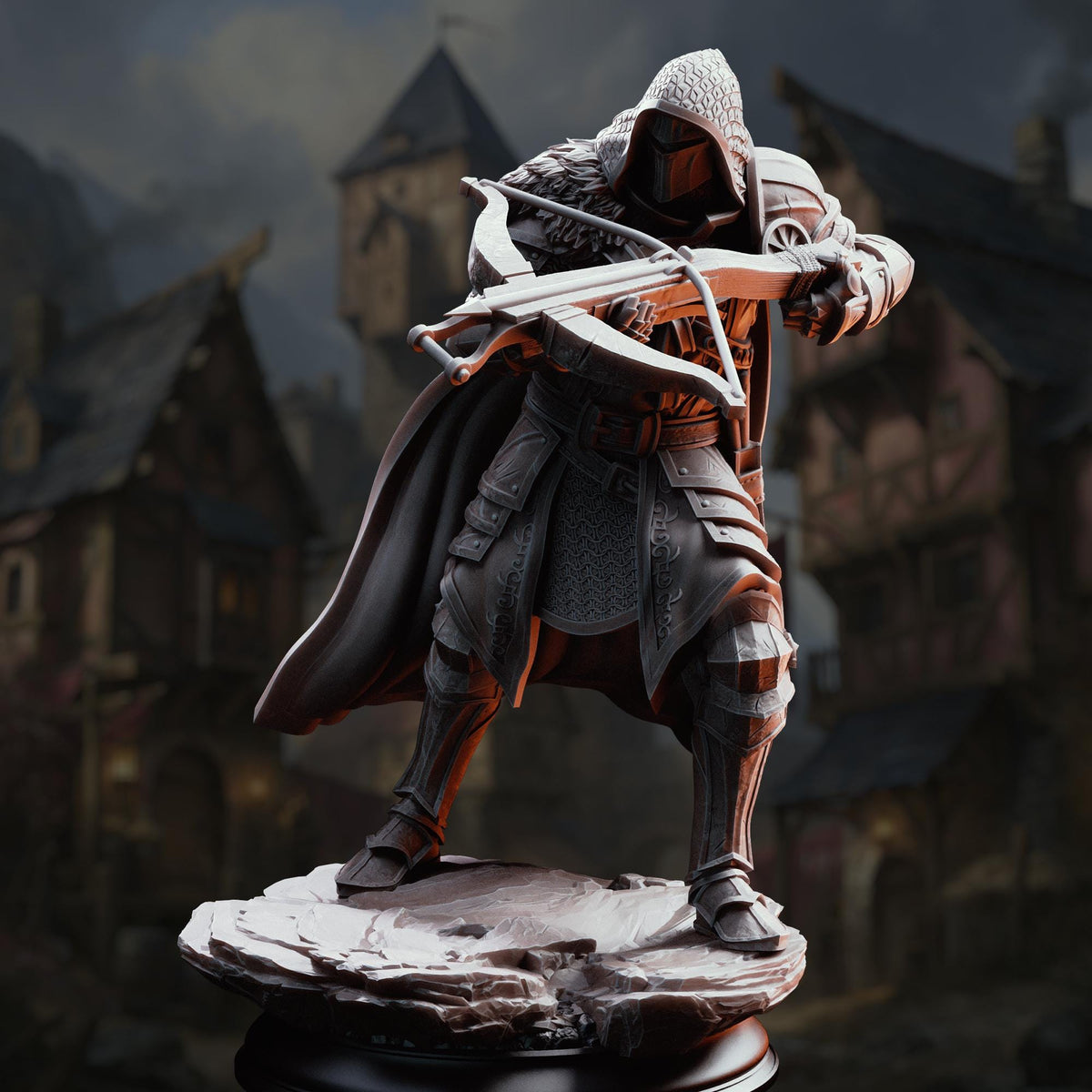 A detailed 3D rendering of a knight in armor, holding a crossbow and standing on a rock. The background features a medieval-style village with buildings and a castle.