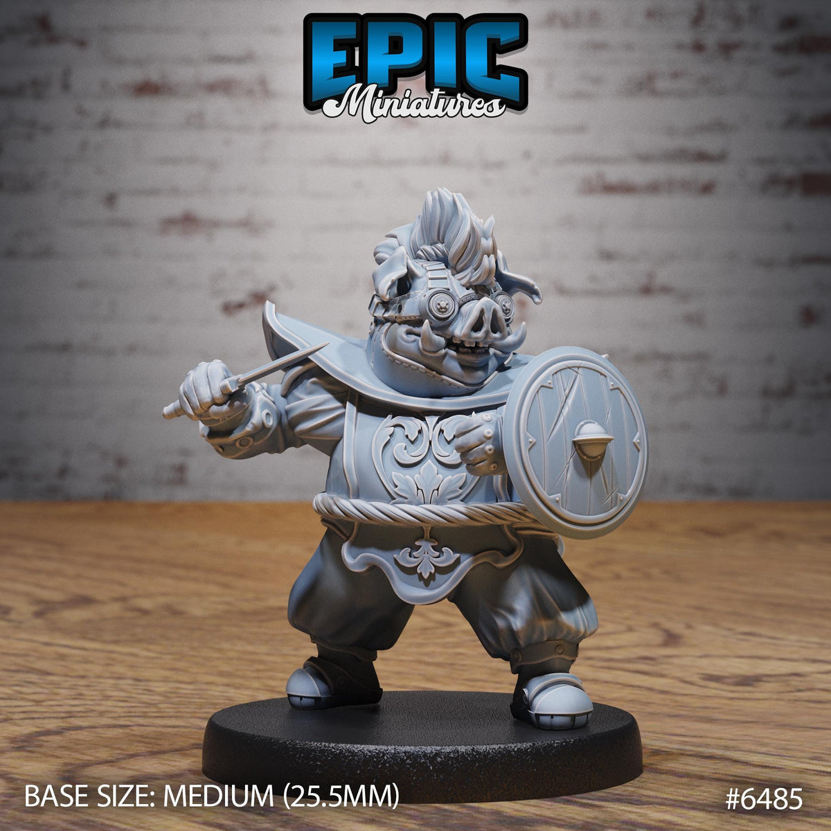 A figurine of a pig-like character with a sword and shield, standing on a black base.
