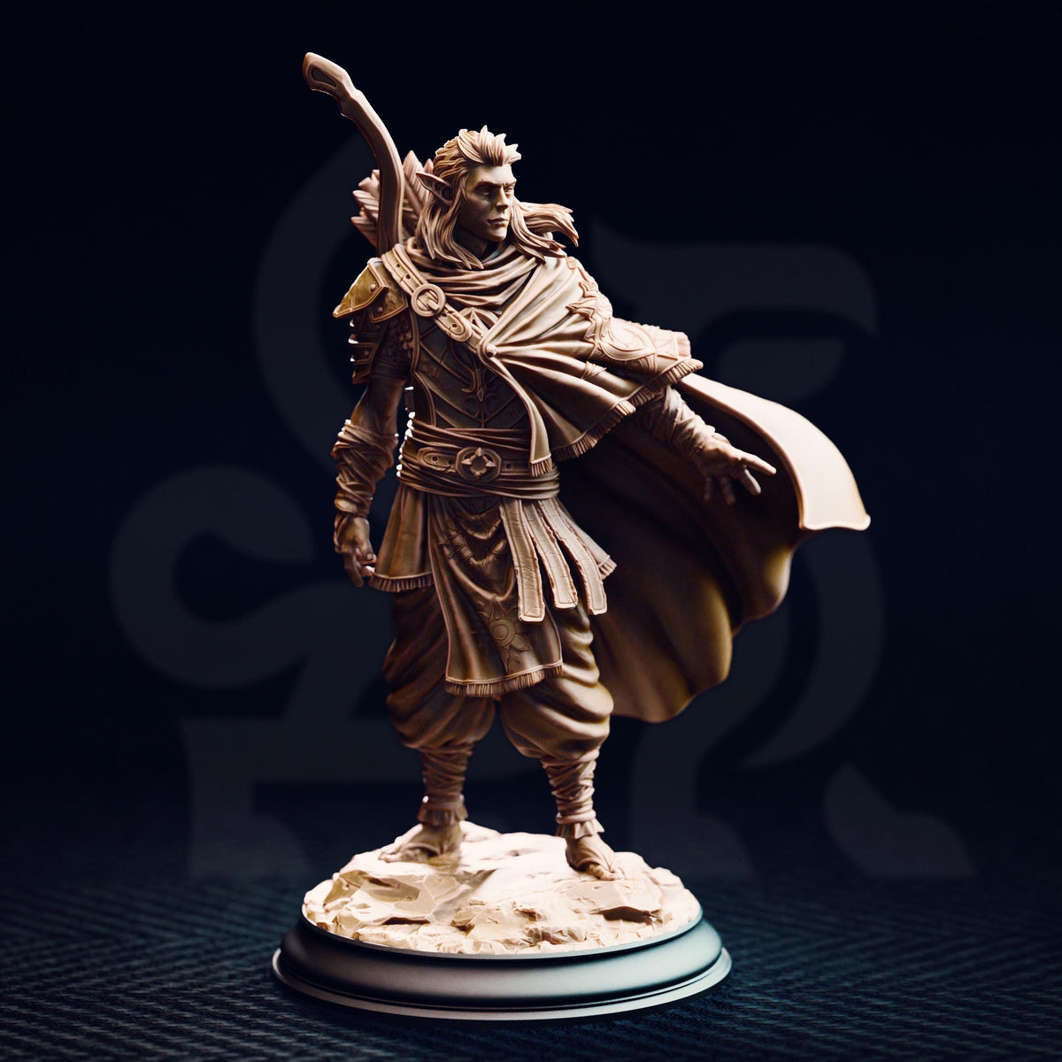 A bronze statue of a warrior figure standing on a pedestal against a dark background.