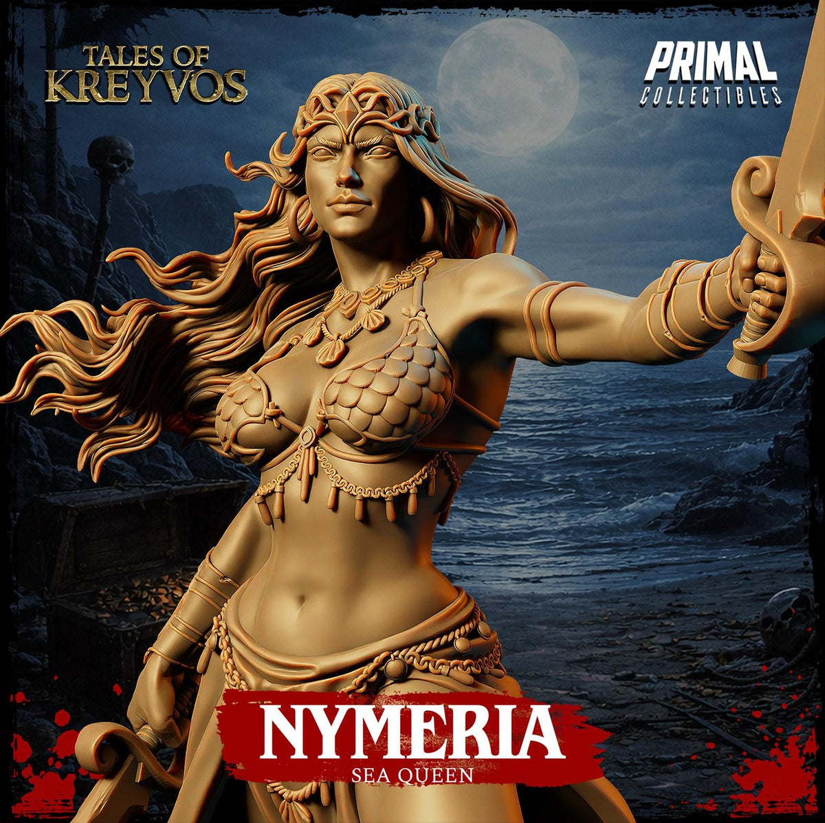 The image is a 3D rendering of a female warrior figure, with intricate details and a golden hue, set against a dark, stormy background.