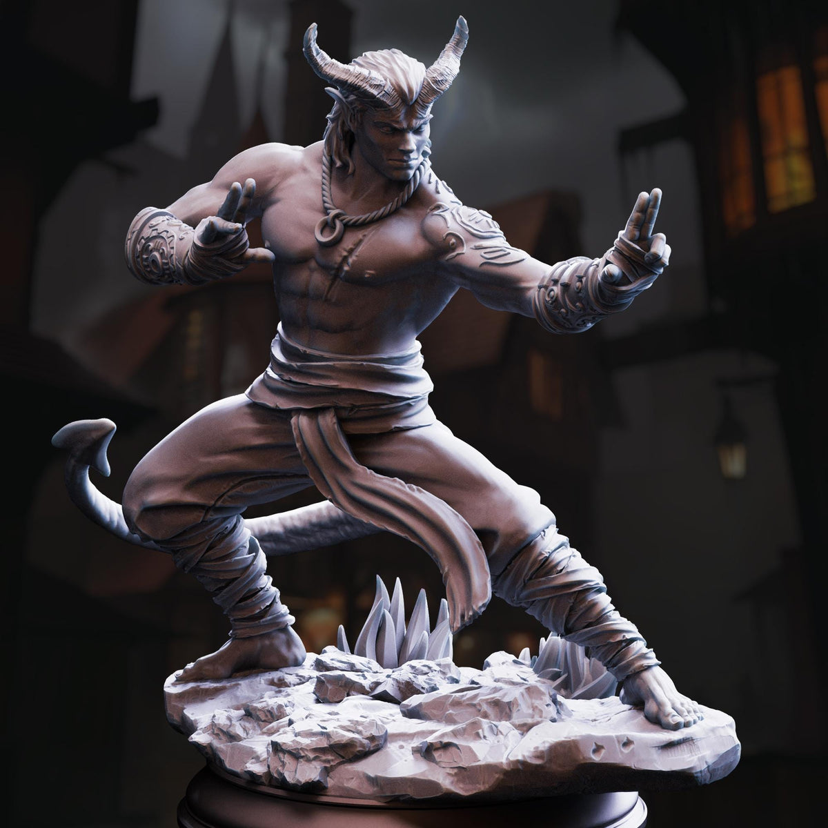 A detailed 3D model of a muscular, horned warrior figure in a fighting stance, with intricate details and a dynamic pose.