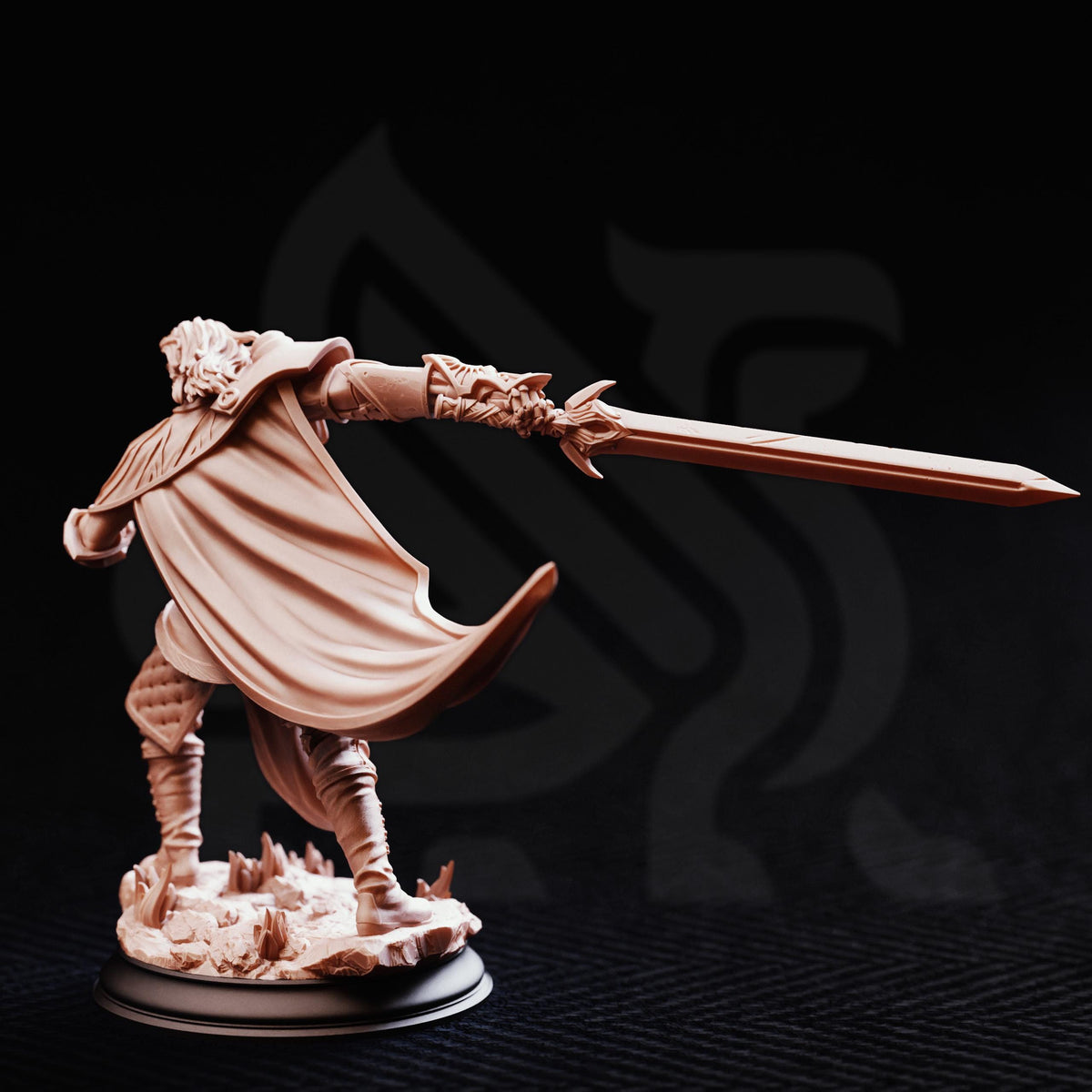 A figurine of a person with a sword, standing on a base and appearing to be in motion, against a dark background.