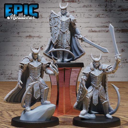 three detailed figurines of armored knights, each holding a sword and standing on a pedestal.