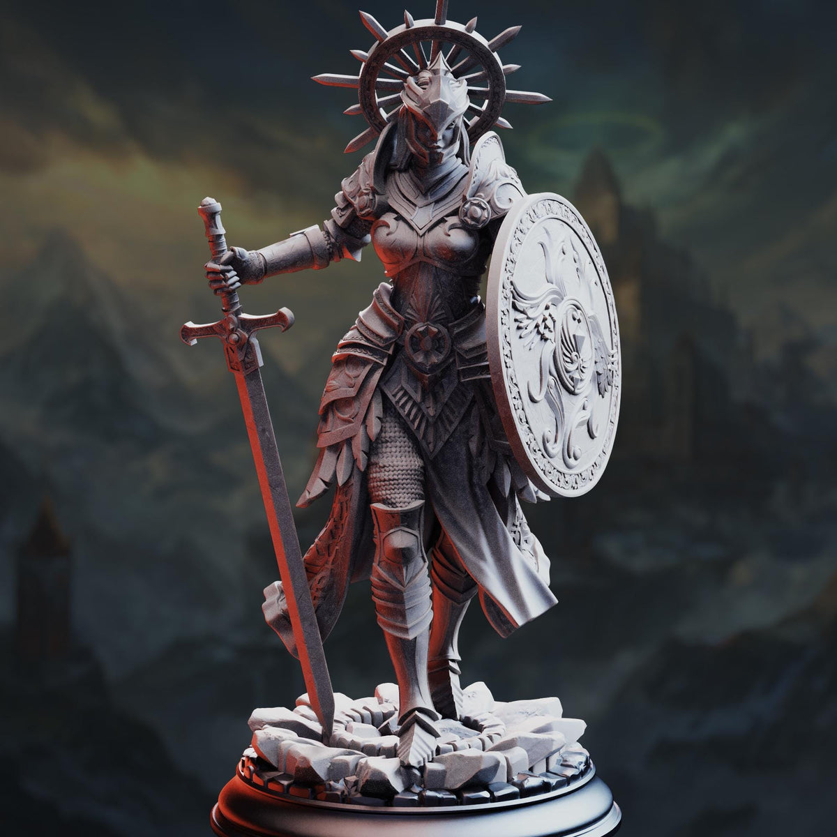 A detailed 3D model of a female warrior figure, standing on a pedestal and holding a sword and shield.