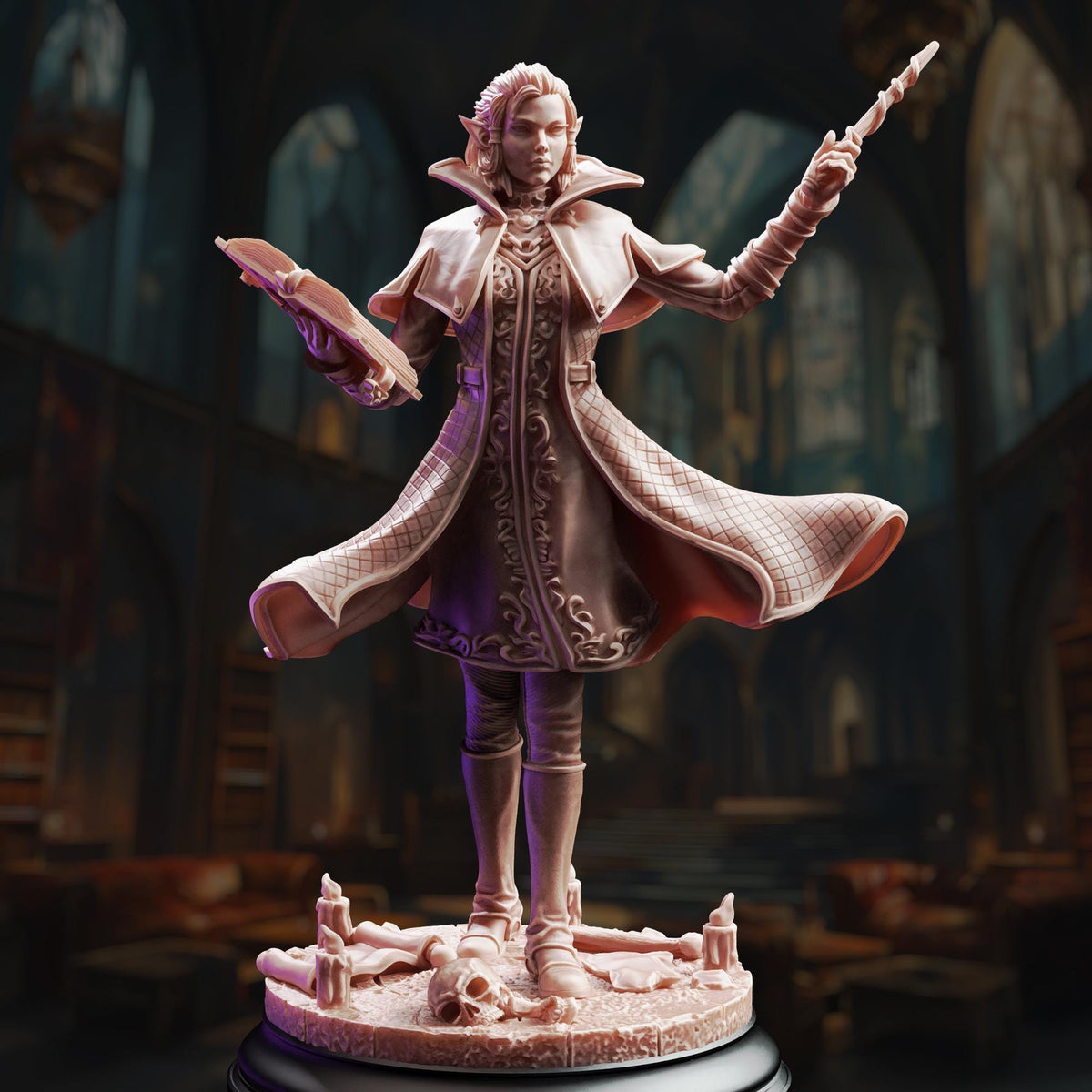 A detailed figurine of a woman with a flowing robe and a staff, standing in a dark, ornate room with arched doorways and shelves filled with books.