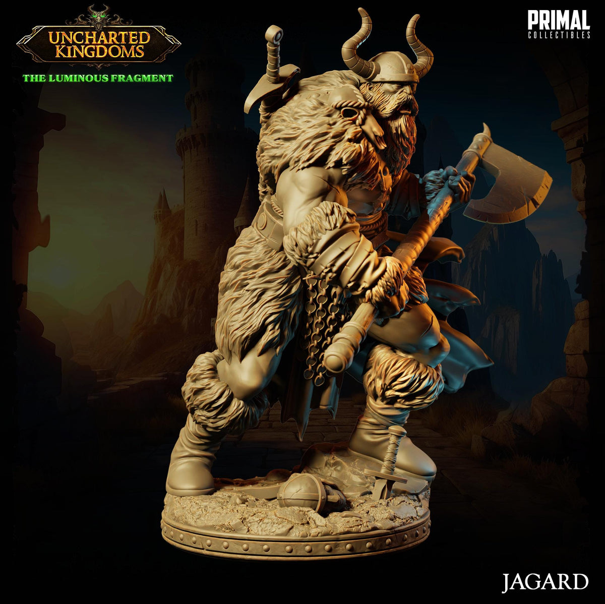 A detailed, detailed statue of a Viking warrior, holding a sword and shield, standing in a dark, fantastical setting.