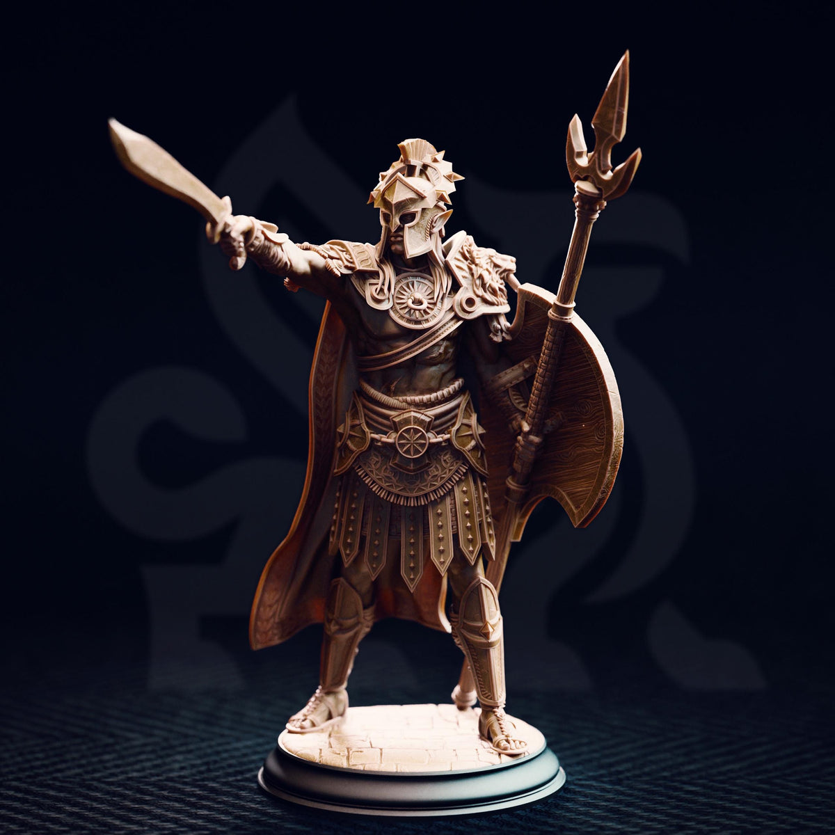 A bronze statue of a warrior standing on a pedestal, holding a sword and shield, with a decorative headdress.