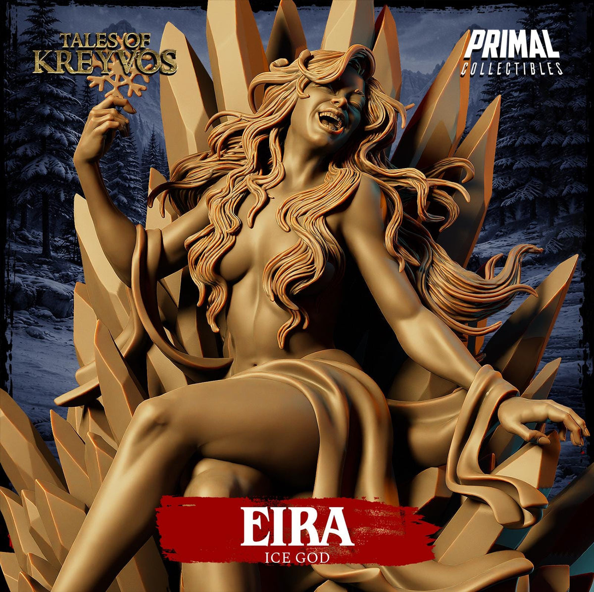 The image is a 3D rendering of a statue of a woman with long, flowing hair and a golden, ethereal appearance. She is seated on a throne-like structure, which is surrounded by a snowy landscape. The statue is the central focus of the image, with the background featuring a snowy mountain range.