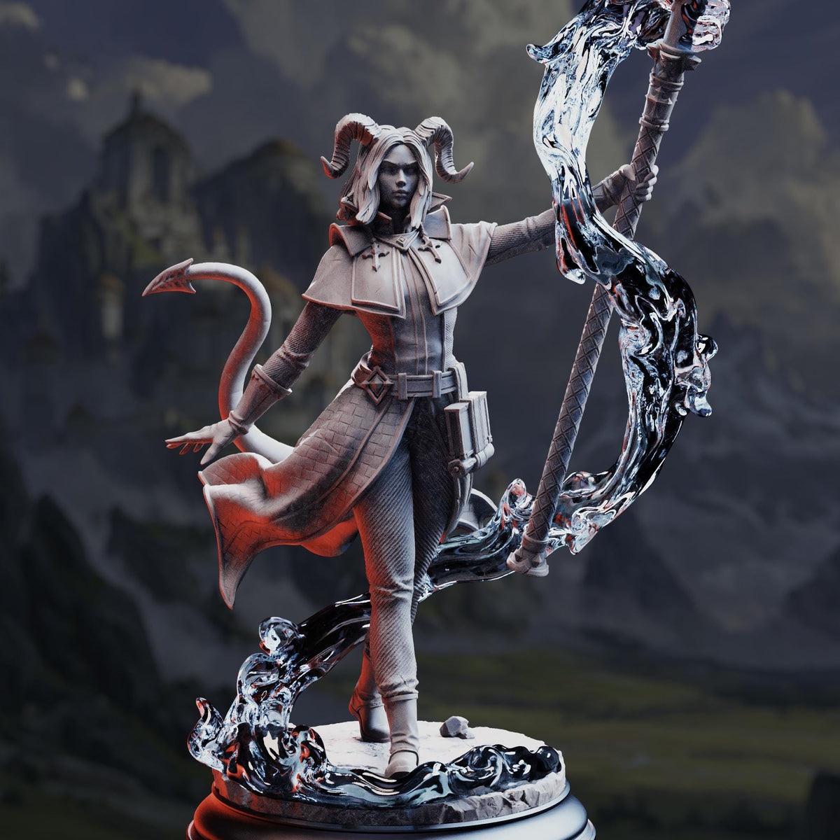 A detailed 3D rendering of a fantasy character, likely a deity or magical being, standing on a pedestal and holding a staff or staff-like object. The character has horns, a flowing robe, and is surrounded by a swirling, ethereal element.