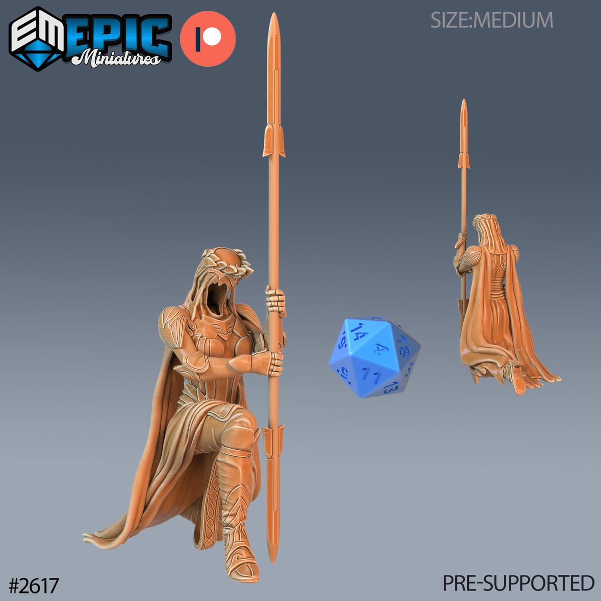 a 3D rendering of a fantasy character holding a spear and a blue dice. The character appears to be a warrior or knight, and the dice is a standard dice with the numbers 1 through 6 visible. The image is pre-supported, meaning it is not a new creation and is available for use in various applications or projects.