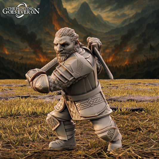A detailed 3D model of a warrior figure, wearing armor and wielding a sword, stands in a grassy field with mountains in the background.