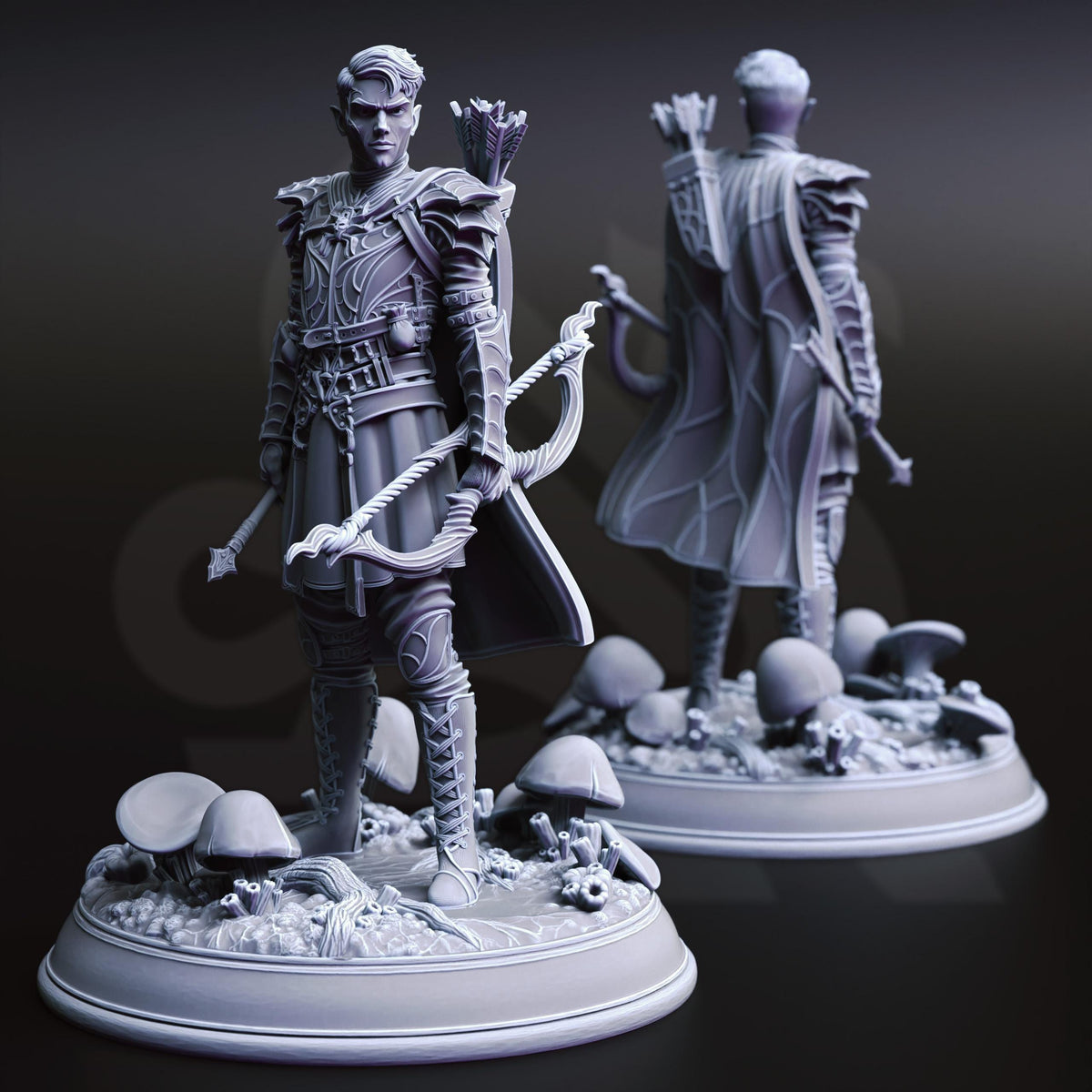 two detailed figurines of a knight, each holding a bow and arrow, standing on a base with mushrooms and other natural elements.