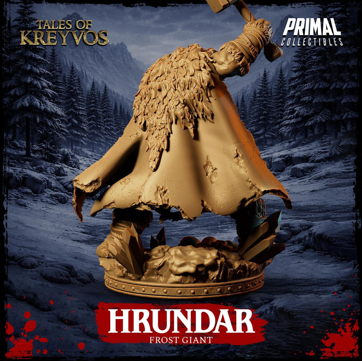a figurine of a frost giant, a mythical creature with the body of a human and the head of a dragon, standing on a pedestal. The frost giant is wearing a large, ornate cloak and holding a hammer in its hand. The background of the image is a snowy landscape with pine trees.
