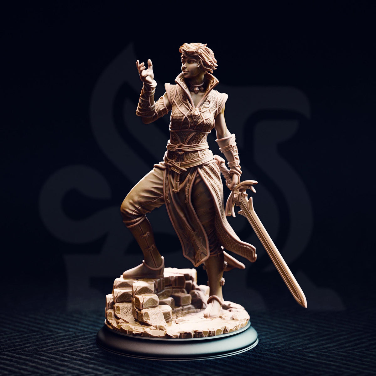 A bronze statue of a woman holding a sword and standing on a rocky base against a dark background.