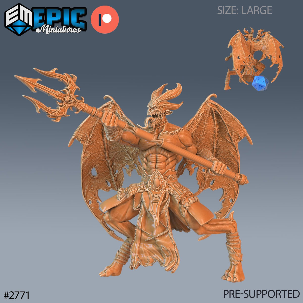 a detailed, winged, armored warrior figure wielding a large weapon, likely a trident, and holding a shield. The figure appears to be a miniature model of a warrior character, possibly from a fantasy or science fiction setting.