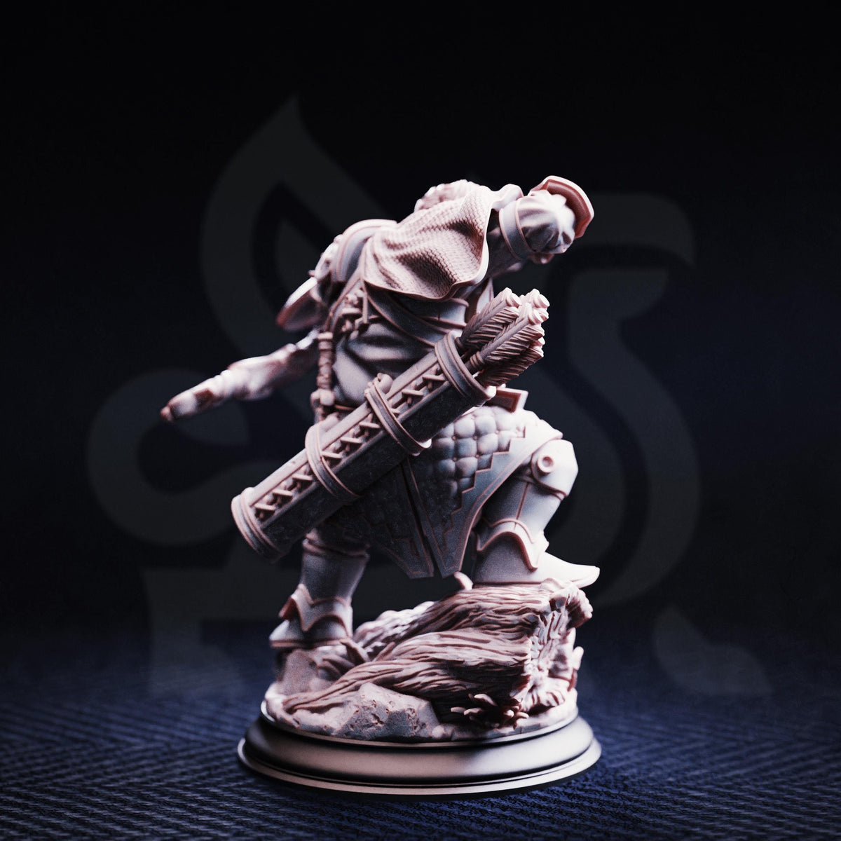 A figurine of a warrior figure holding a bow and arrow, standing on a rock formation against a dark background.