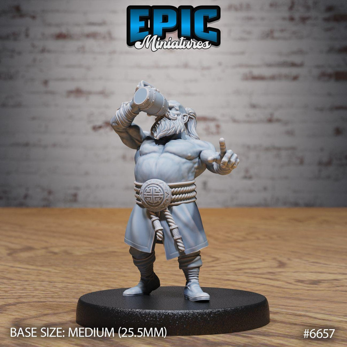 A figurine of a muscular, bearded man in a fighting stance, wearing a belt with a symbol on it, is standing on a black base.