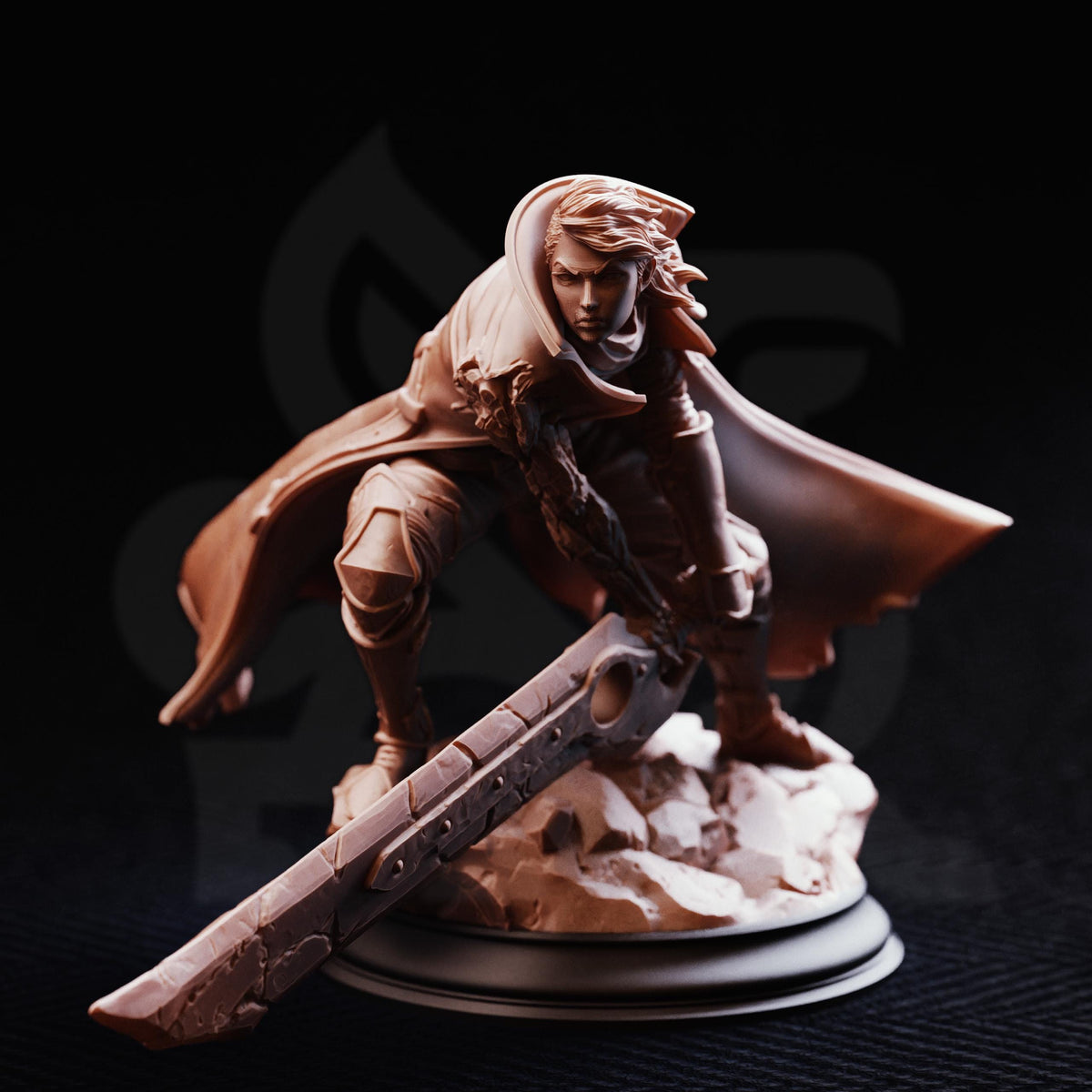 A bronze statue of a warrior figure holding a sword and shield, standing on a rocky base against a dark background.