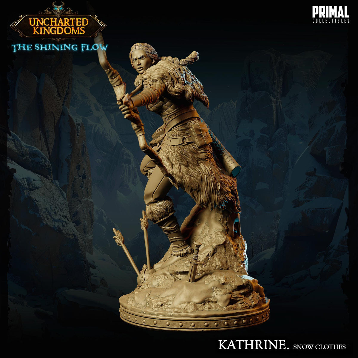 A bronze statue of a warrior figure, likely from the video game "Uncharted Kingdoms: The Shining Flow", standing in a snowy, mountainous environment.