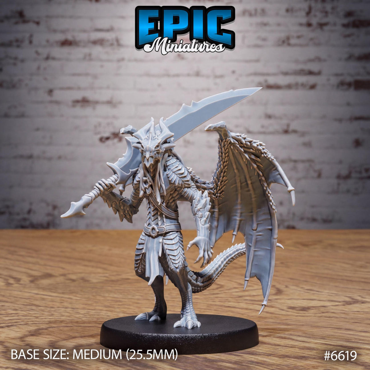 A detailed 3D model of a winged, armored dragon-like creature with a sword in its hand, standing on a black base.