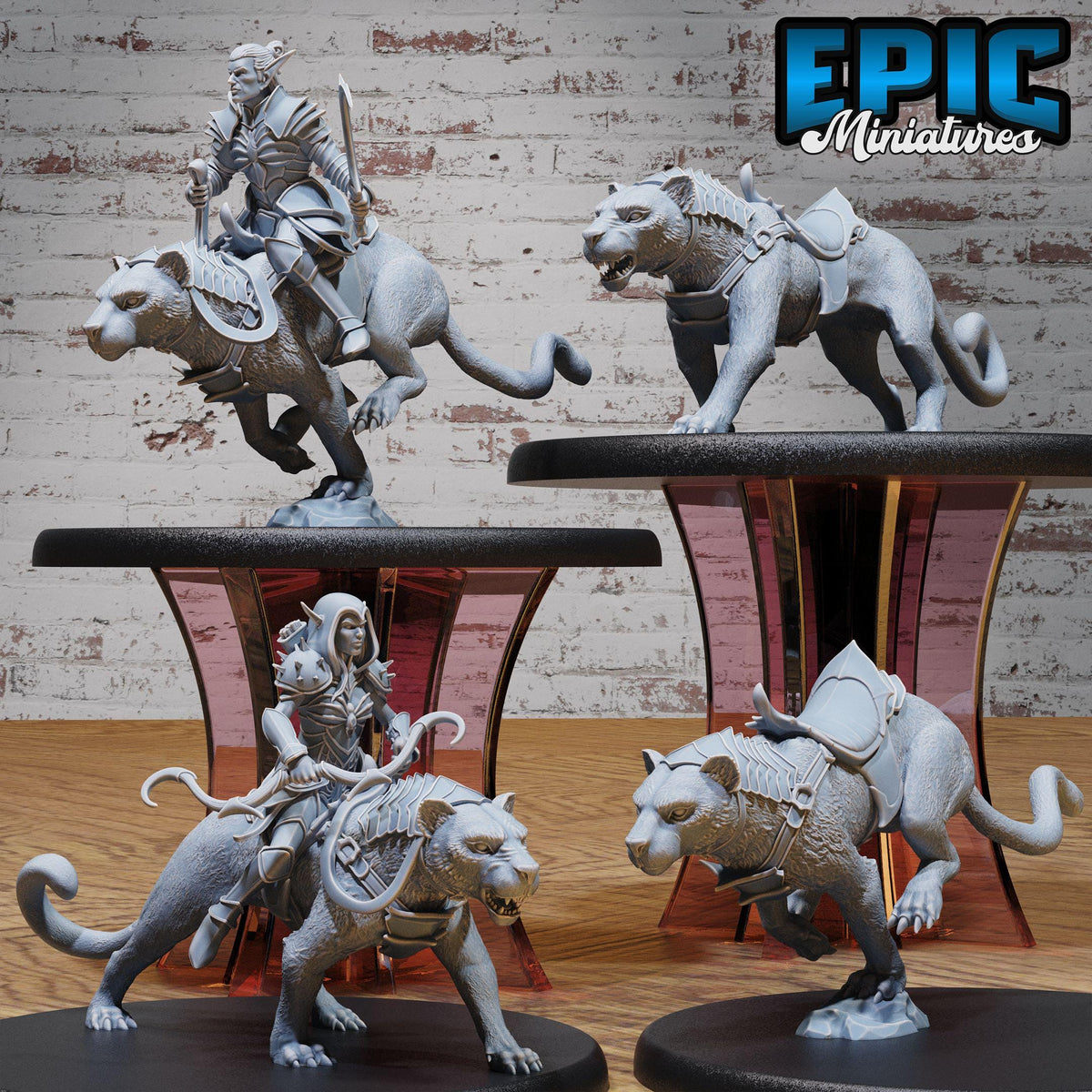 four figurines of fantasy creatures, including a lion, a tiger, a dragon, and a unicorn, each on a pedestal.