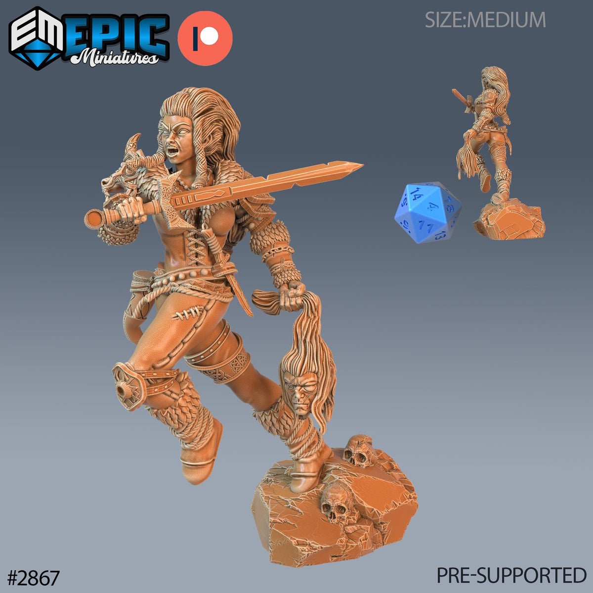 The image is a 3D model of a female warrior character, holding a sword and a shield, with a dice in her hand. The image is pre-supported and is part of the Epic Miniatures collection.