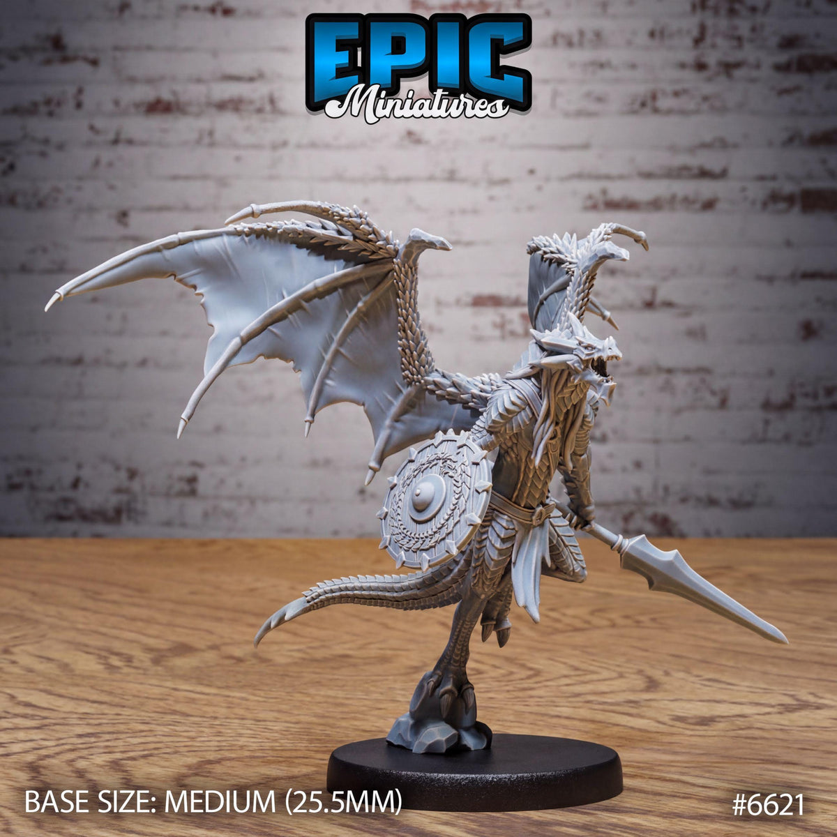 A detailed 3D model of a winged dragon-like creature with sharp teeth and claws, standing on a black base and holding a sword. The image is labeled as a "Epic Miniature" and has a base size of 25.5 millimeters.
