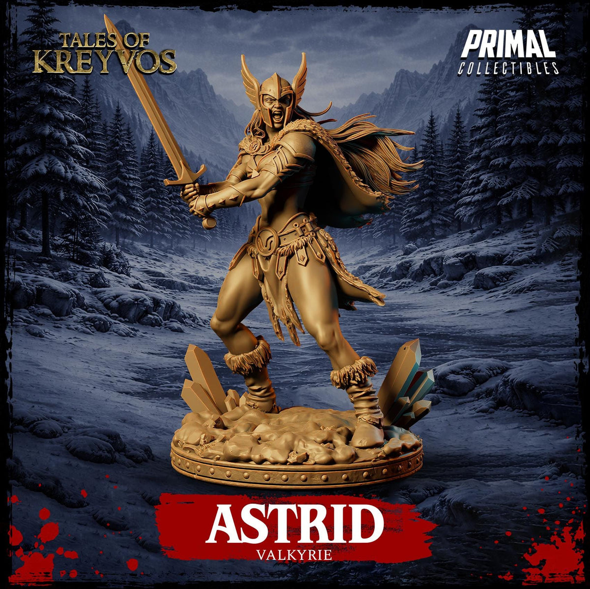 a statue of a warrior figure, specifically named Astrid, who is depicted as a Viking. The warrior is shown in a dynamic pose, wielding a sword and standing on a rocky base. The background of the image is a snowy landscape, which adds to the overall atmosphere of the scene.