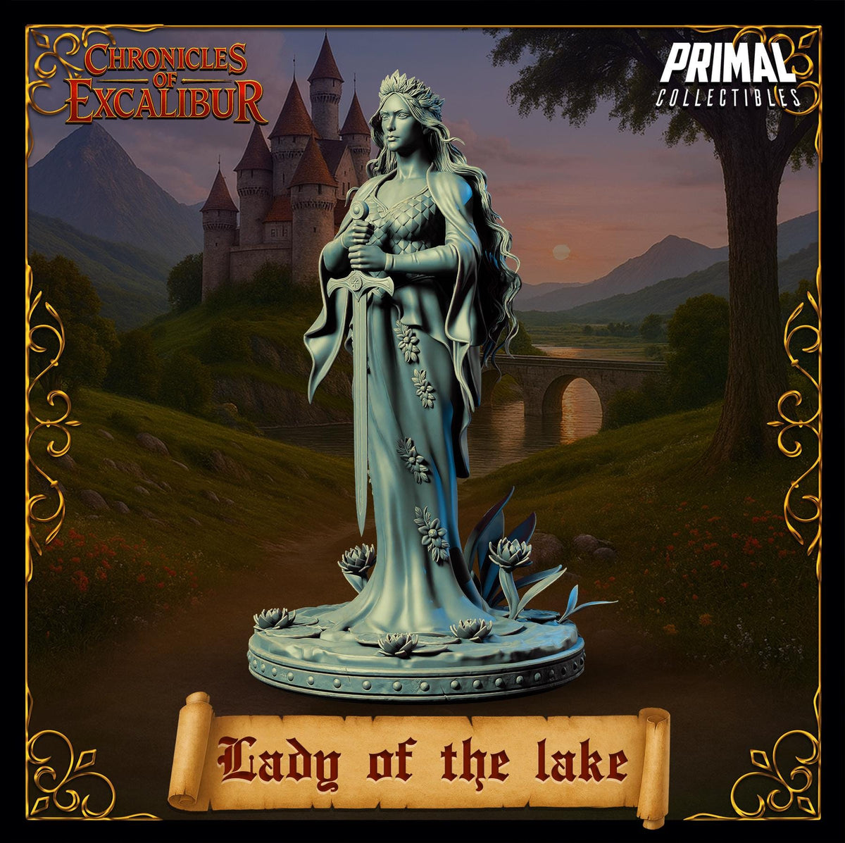 Lady of the Lake miniature from Chronicles of Excalibur, crafted in premium grey resin with exquisite detail.