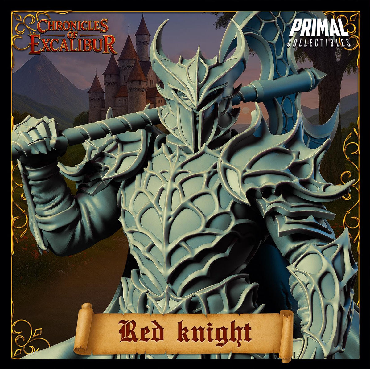 The image is a promotional poster for a video game called "Red Knight" from the "Chronicles of Excalibur" series. The poster features a detailed illustration of a knight in armor, holding a sword and standing in front of a castle. The knight is wearing a helmet with a large blade and is wearing a chainmail outfit. The background of the poster includes a castle and mountains, creating a medieval fantasy setting. The title "Red Knight" is prominently displayed at the bottom of the poster.