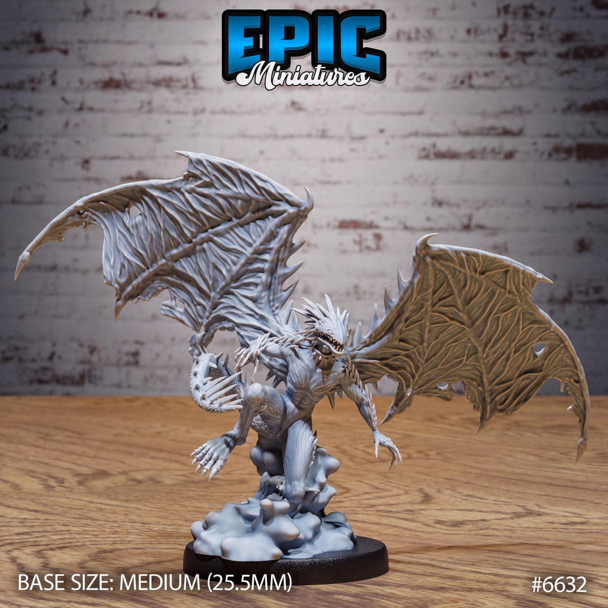 A detailed 3D model of a winged creature, possibly a dragon or mythical beast, with intricate details and textures. The creature is standing on a base and appears to be in a dynamic pose, with its wings spread wide. The background is a brick wall, which adds to the overall aesthetic of the image. The image is described as a "MEDIUM" size, with a base size of 25.5 millimeters. The image is part of a collection, as indicated by the number "#6602" at the bottom right corner.