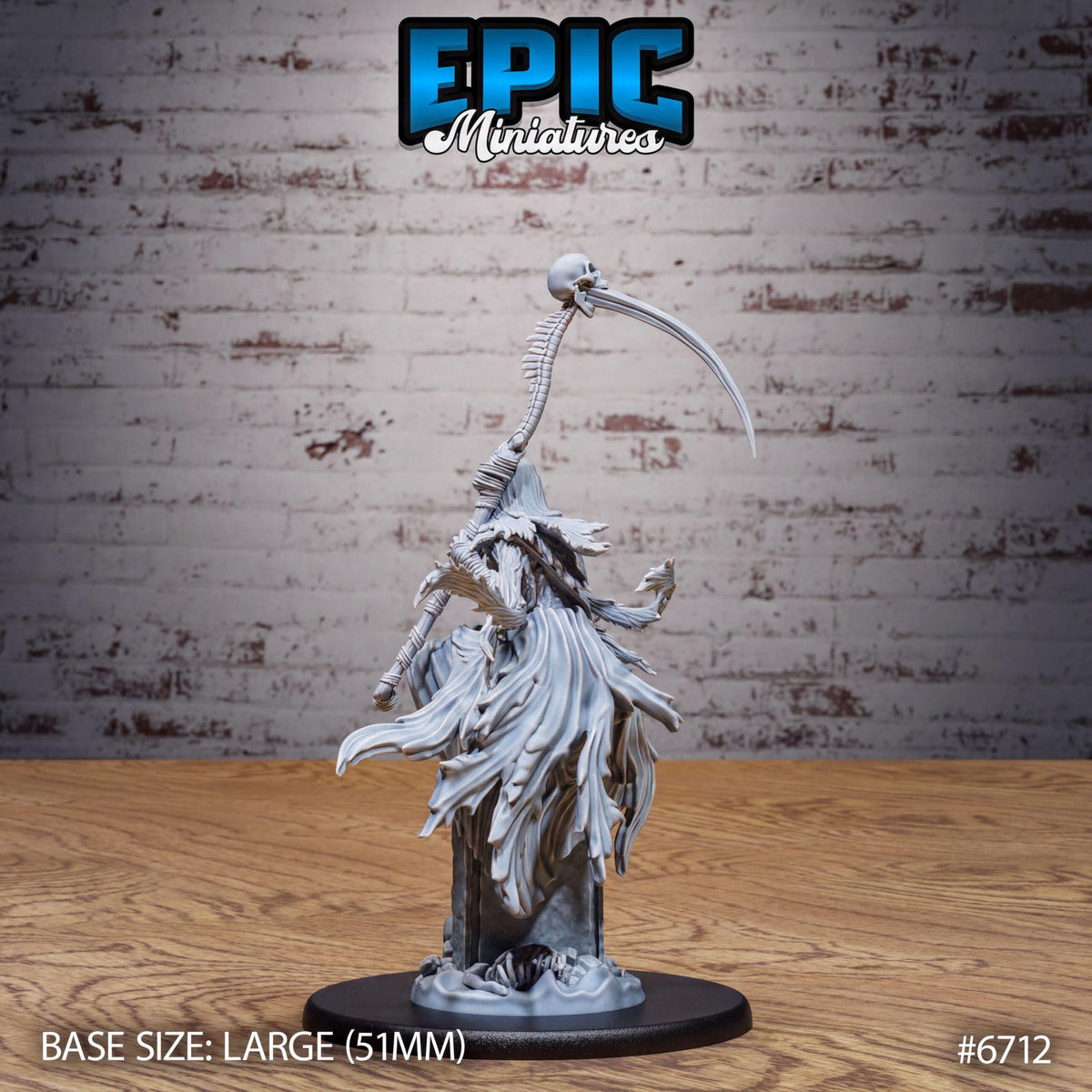 A figurine of a dark, winged figure with a long, curved weapon in its hand, standing on a black base. The background is a brick wall.