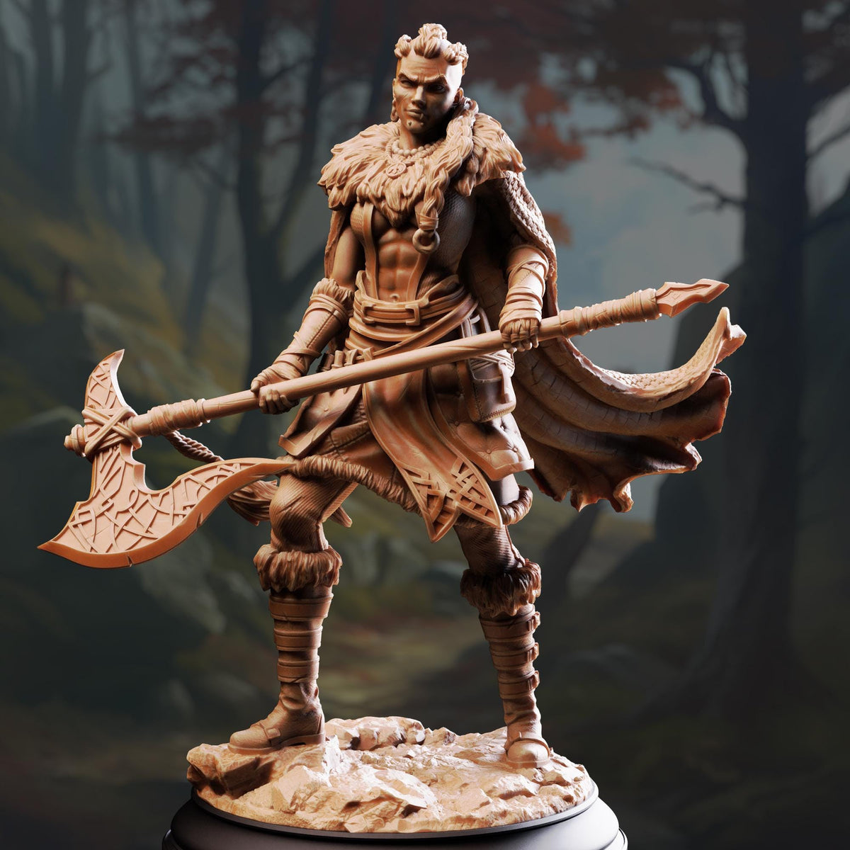 A bronze statue of a warrior figure holding a large weapon and standing in a forest setting.