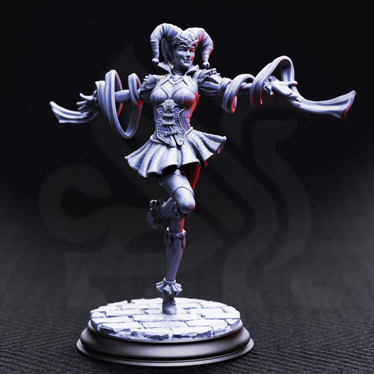 A 3D rendering of a female character with horns, wearing a ruffled skirt and a corset, standing on a pedestal and holding a scroll.