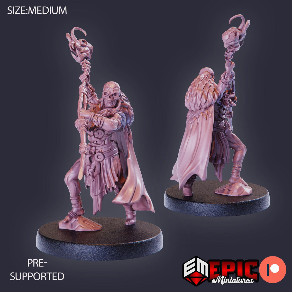 two figurines of a character with a staff and a cape, standing on a platform.