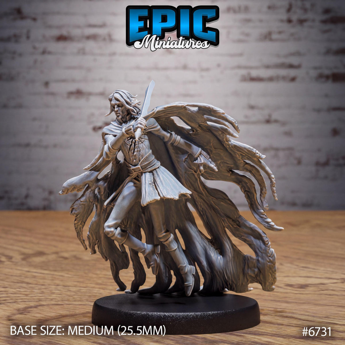 A figurine of a person with long hair and a flowing cape, holding a sword, is displayed on a black base. The figurine is described as a "MEDIUM" size, with a base size of 25mm. The image is part of the "EPIC Miniature" series, as indicated by the text at the top.