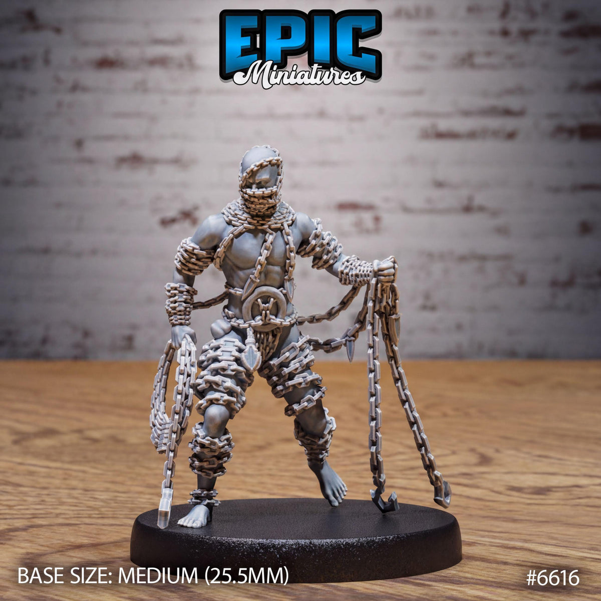 A figurine of a chained, armored figure standing on a black base.