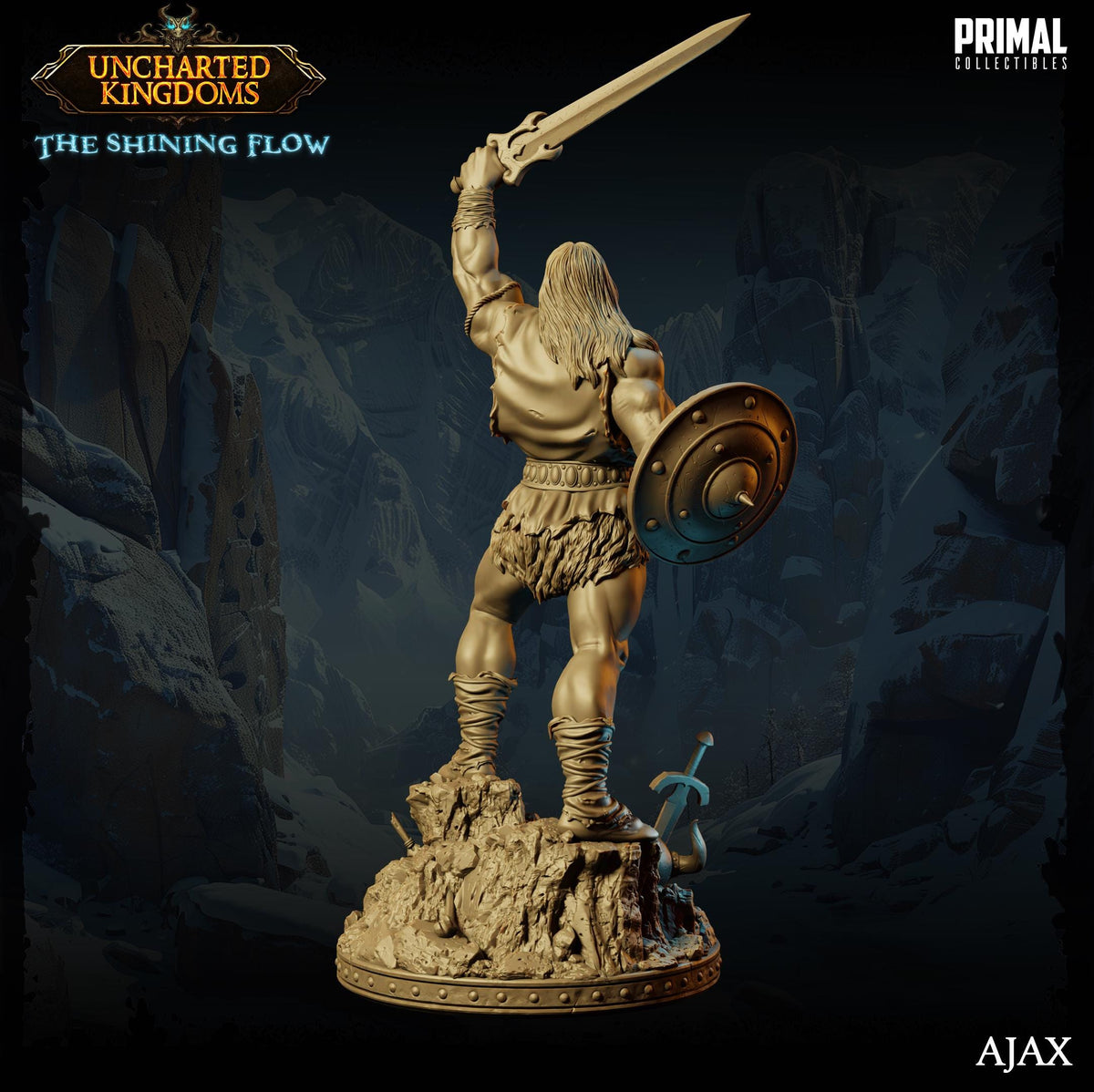 a statue of a warrior standing in a rocky, mountainous landscape, holding a sword and shield.